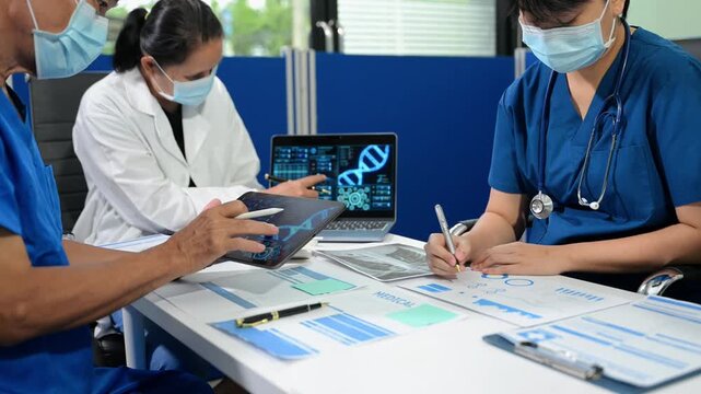 Asian medical team discusses virus research, vaccine development and infectious disease strategy using digital healthcare data during a clinical meeting.