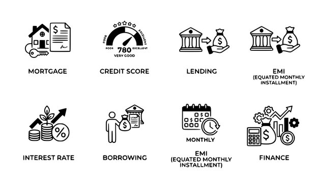Loan banking icon set vector detailed outline symbols with labels for fintech app design