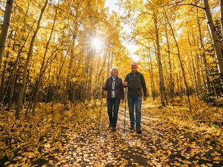 Fototapeta premium Couple walking together through a golden autumn forest path.