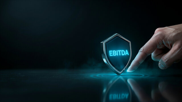 Finger touching digital shield icon representing financial ebitda performance metrics against dark professional