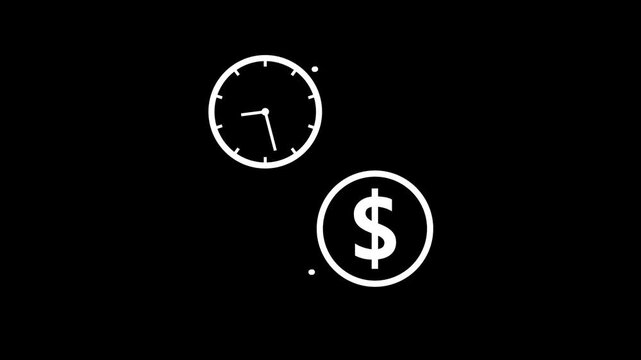 Time is Money Clock and Dollar Coin Exchange Icon Animation Loop Isolated Black Background Motion Graphic Video