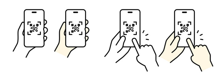 QRコードを表示したスマートフォンを持つ手のイラストのセット © pinoko