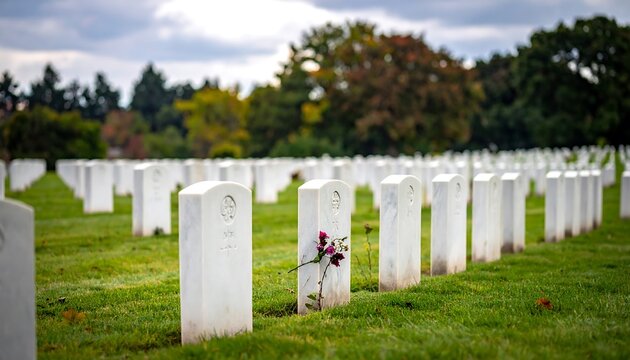A serene and solemn military cemetery with white headstones and a purple flower