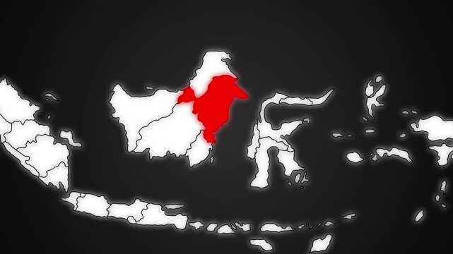 East Kalimantan Province Highlighted in Red on Indonesia Map Dark Background Animation