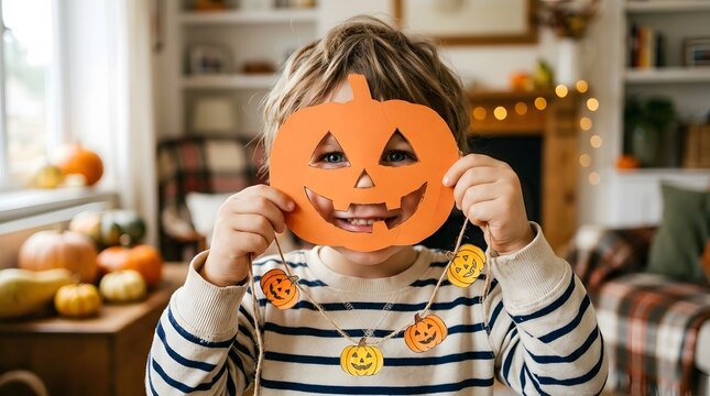 A cute little boy holding a handmade paper pumpkin mask celebrating a fun happy halloween at home