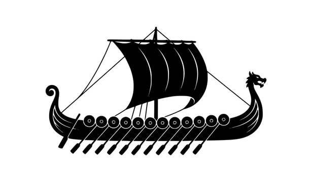 Minimal Viking drakkar silhouette with dragon prow sail shields and rowing oars flat black vector isolated on white for historical nautical design