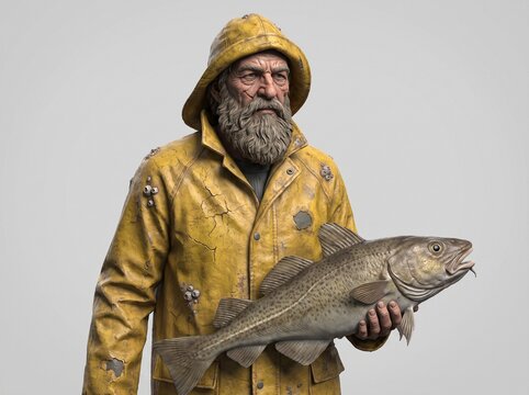 Elderly fisherman proudly displaying freshly caught large trout in yellow rain gear.