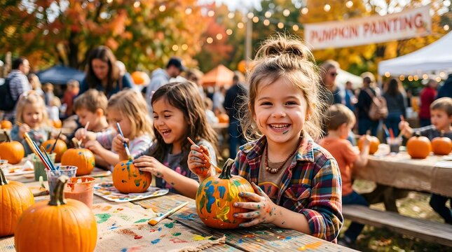 Happy halloween celebration with joyful children painting pumpkins at an outdoor fall festival in the autumn season