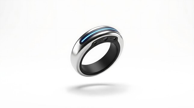 Silver smart ring wearable with blue LED light indicator.