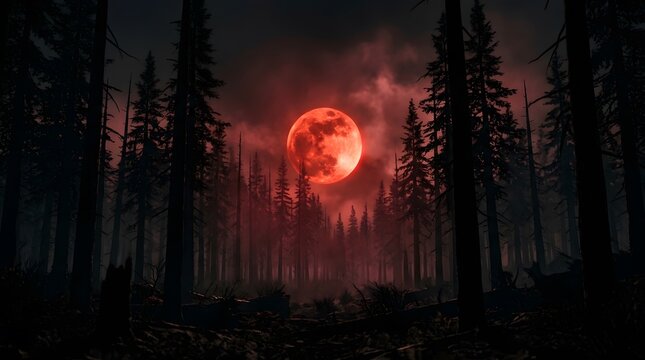 Spooky dark forest landscape with a glowing red moon perfect for a happy halloween celebration background design