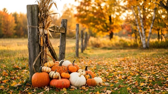 A festive pile of pumpkins by a rustic wooden fence in a golden forest for happy halloween celebrations