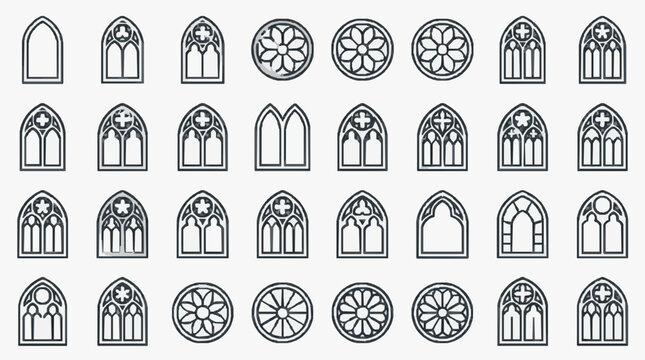 Modern Black and White Gothic Style Stained Glass Window and Rose Window Design Collection Illustrations