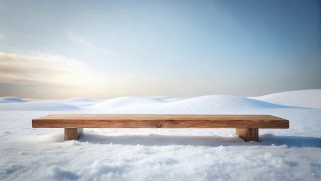 A solitary wooden plank rests upon a pristine canvas of snowy white isolated and unadorned simplicity
