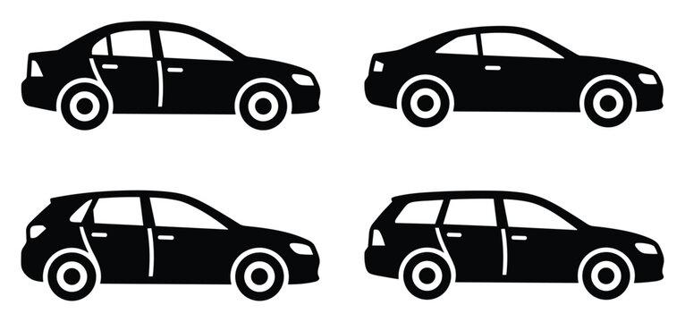 Black car type silhouettes, including sedan, coupe, hatchback, and wagon, for automotive classification, vehicle sales