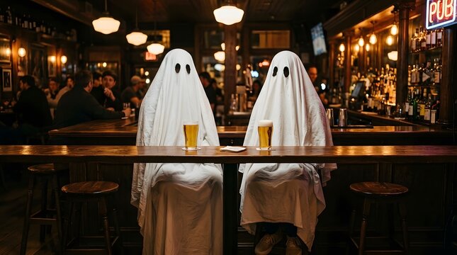 Two people dressed in ghost costumes sitting at a bar counter celebrating a fun happy halloween night