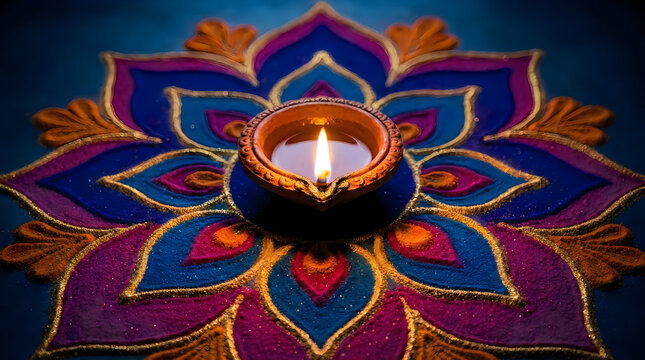 A glowing traditional clay diya lamp placed on a colorful floral rangoli pattern for the diwali festival celebration