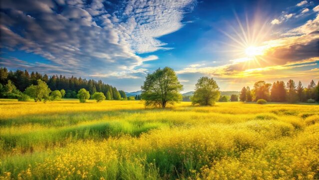 A serene golden meadow stretches out under a clear blue sky on a warm summer morning