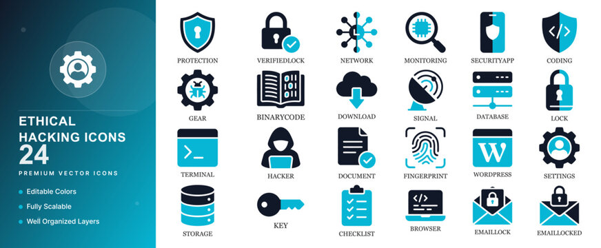 cybersecurity hacker security computer cyber code ethical hacking icon collection vector illustration graphic flat modern isolated internet application