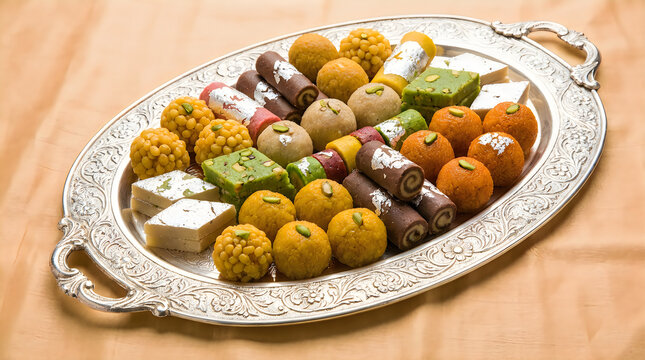 A traditional silver platter filled with assorted indian sweets and mithai for the festive diwali celebration