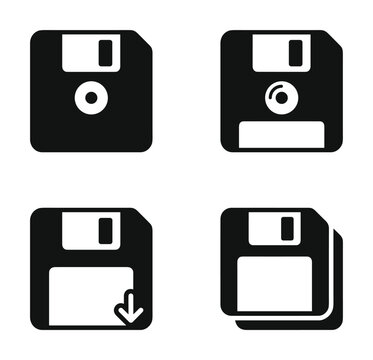 Minimalist floppy disk icon set, black and white vector symbols for data saving, file download