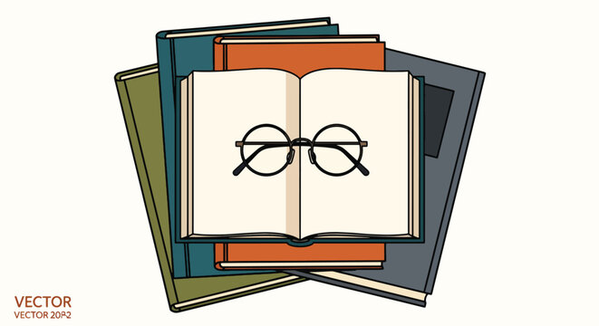 Open Book with Bookmark and Glasses Vector Illustration Representing Education, Reading, Literature, Knowledge and Learning in Vintage Library Style