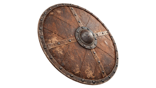 Ancient medieval round wooden warrior shield with metal boss isolated on transparent background
