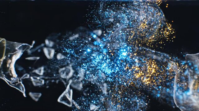 AI generated 4k video of exploding glass shattering into glowing particles in dark lighting.