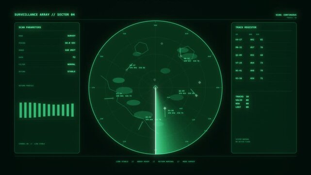 Digital radar screen transitioning from green surveillance to critical red threat detection. A target is highlighted with an alert, indicating escalating danger. For military, security.
