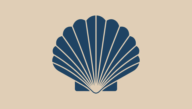 Minimalist dark blue scallop seashell silhouette centered on a plain sand beige background, representing summer and ocean life.