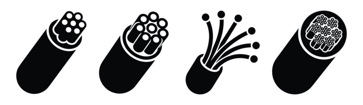 Minimalist optical fiber cable icon set, black and white symbols for network infrastructure, data transmission