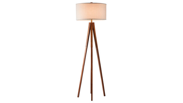 Modern minimalist wooden tripod floor lamp with fabric shade isolated on transparent background