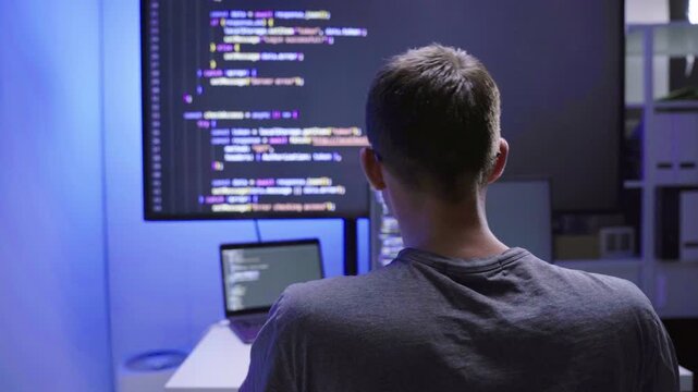 Software developer writing code on computer monitor in office