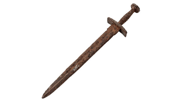 Ancient medieval rusty iron sword weapon historical warrior equipment isolated on transparent background