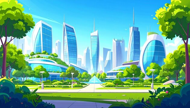 Futuristic Eco City with Green Parks and Modern Skyscrapers.