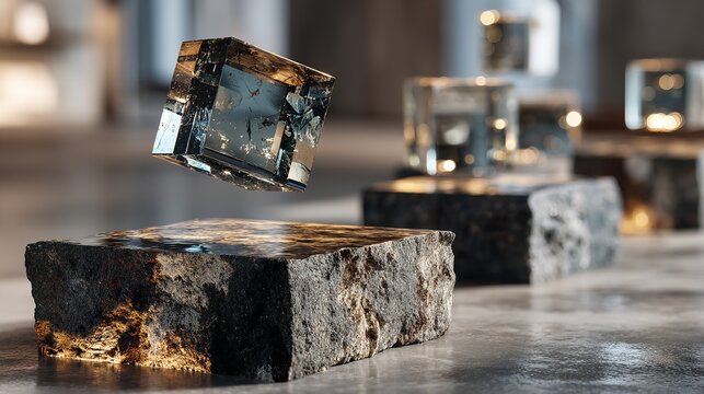 Abstract geometric crystal cube levitating above textured stone pedestal with water surface