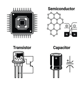 Essential electronic components vector set: microchip, semiconductor, transistor