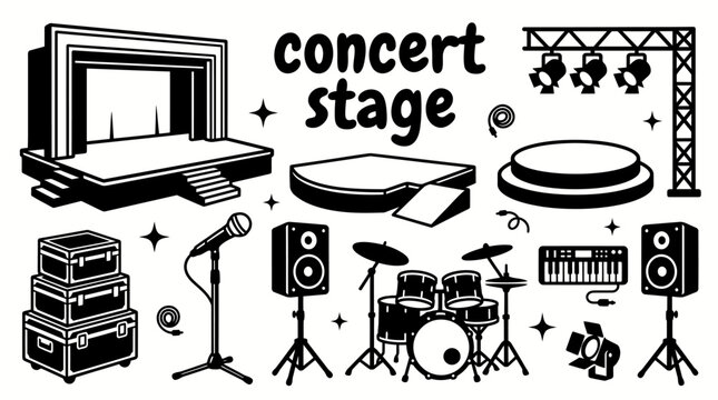concert stage equipment featuring performance stages lighting trusses LED screens line array speakers stage risers spotlights smoke machines and backstage set for live music events