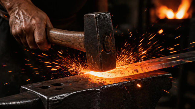 Blacksmith Hammers Red Hot Metal on Anvil Creating Sparks