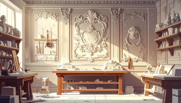 Vintage sculptor studio with ornate wall carvings and tools.