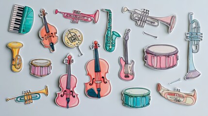 Fototapeta premium collection of glossy die-cut stickers of musical instruments arranged on white background, each with thick outline, pastel highlights, and playful details