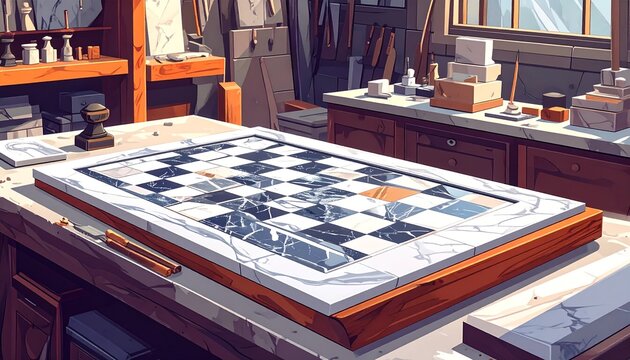 Handcrafted Chess Board in Woodworking Workshop Setting.