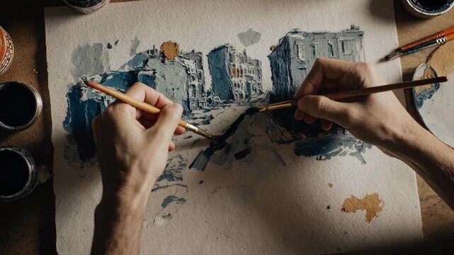 Hands Create Watercolor Cityscape Painting in Studio.