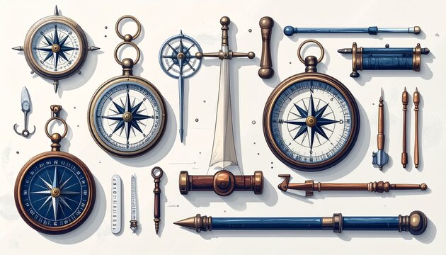 Vintage Navigation Tools and Antique Compasses Collection.