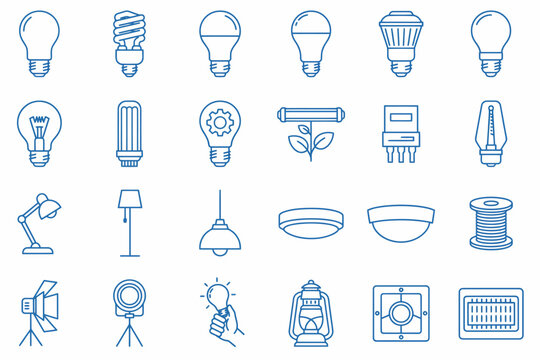 Light bulb and lighting fixtures line icon set for electrical and interior design concepts