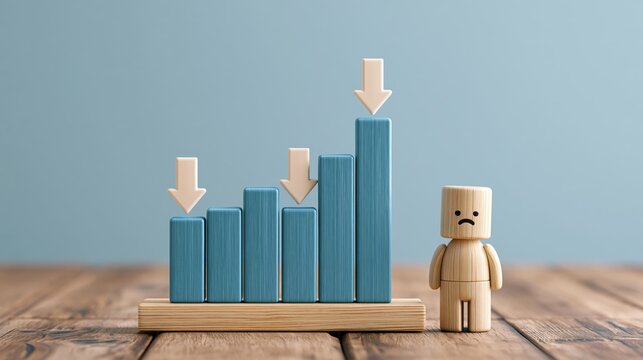A wooden figure stands beside a downward trending bar graph on a table