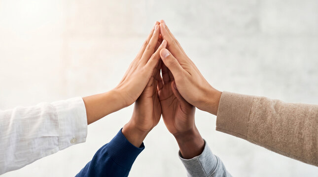 Diverse colleagues bringing hands together in a high five. Concept of business teamwork, unity, partnership