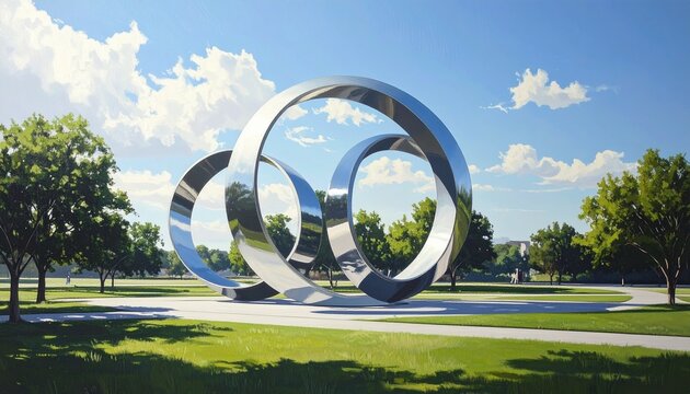 Modern Chrome Ring Sculpture in Sunny Park Setting.