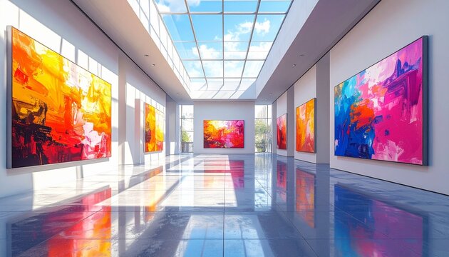 Modern Art Gallery with Vibrant Abstract Paintings.
