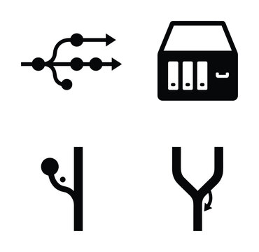 Black and white version control icons set, illustrating branching, merging, forking