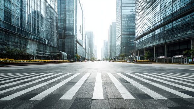 minimalist urban scene with freshly paved street and crosswalk, towering buildings with glass facades under bright daylight